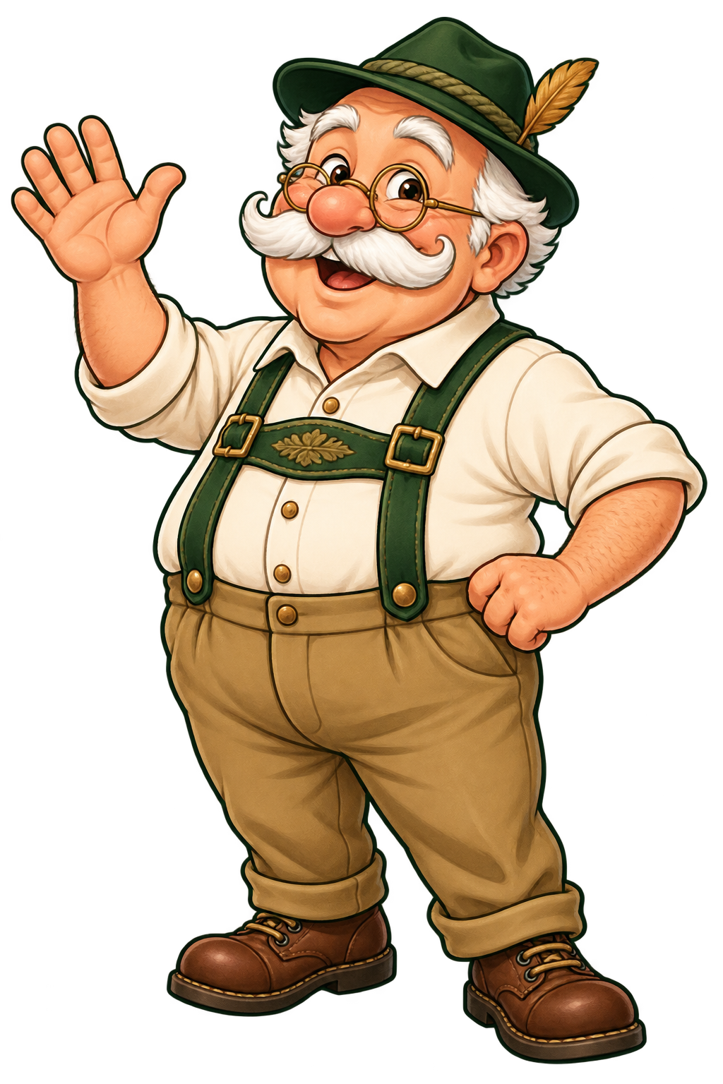 Opa, a smiling cartoon grandpa with a green hat, round glasses, and a fluffy white mustache, waving hello.